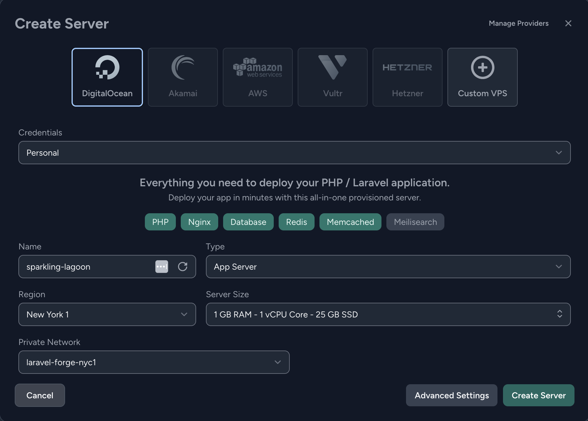 Screenshot from Forge account - provisioning Digital Ocean server