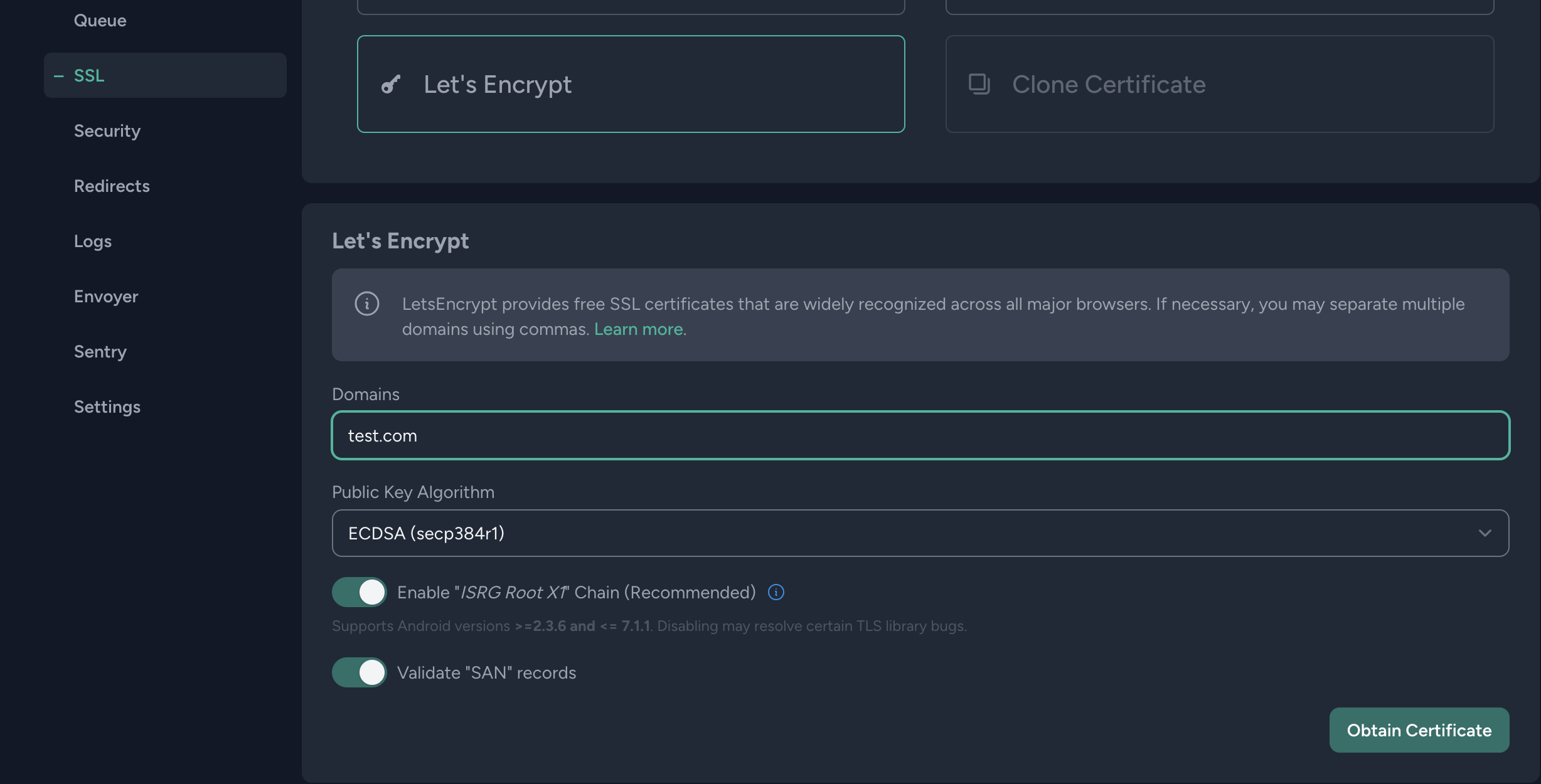 Screenshot from Forge account - Let's Encrypt