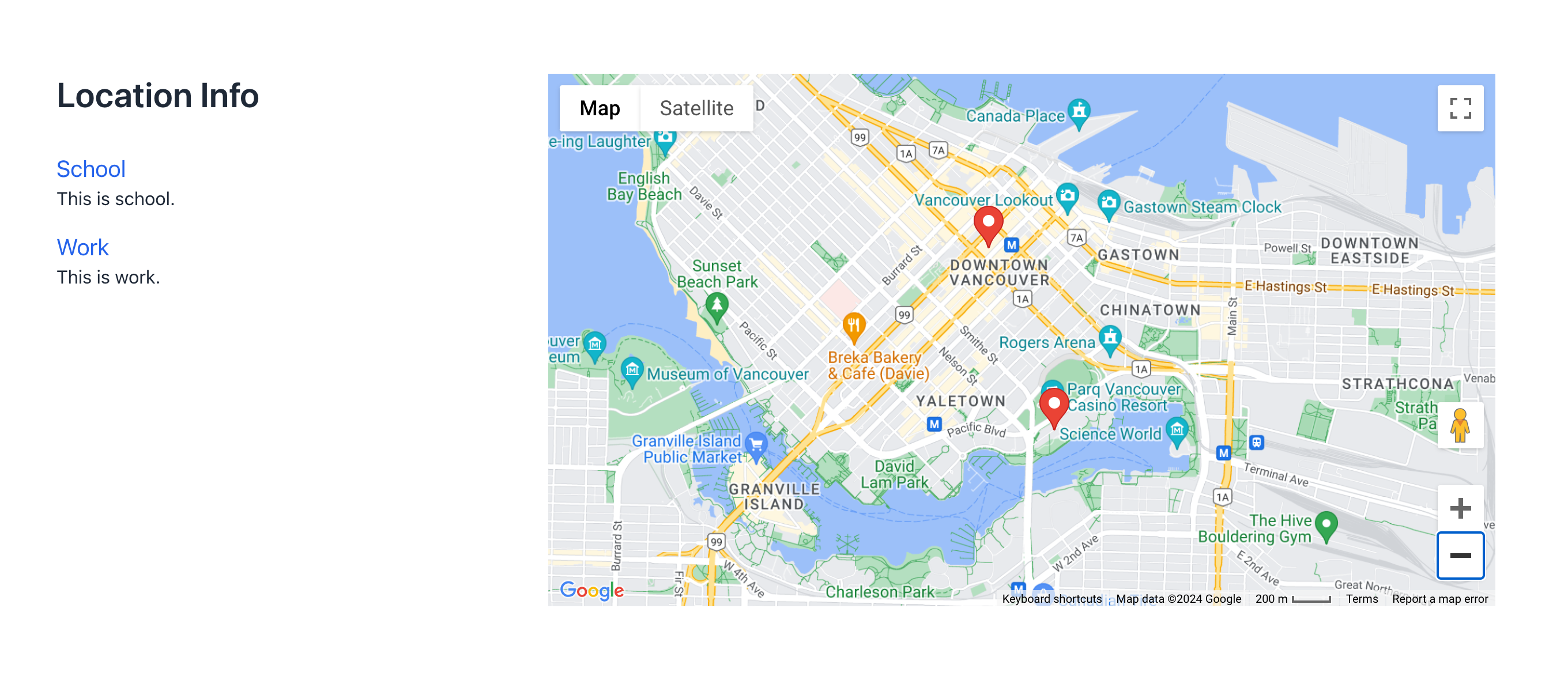 Screenshot of a Google Map with pinned locations, and a list of locations next to the map