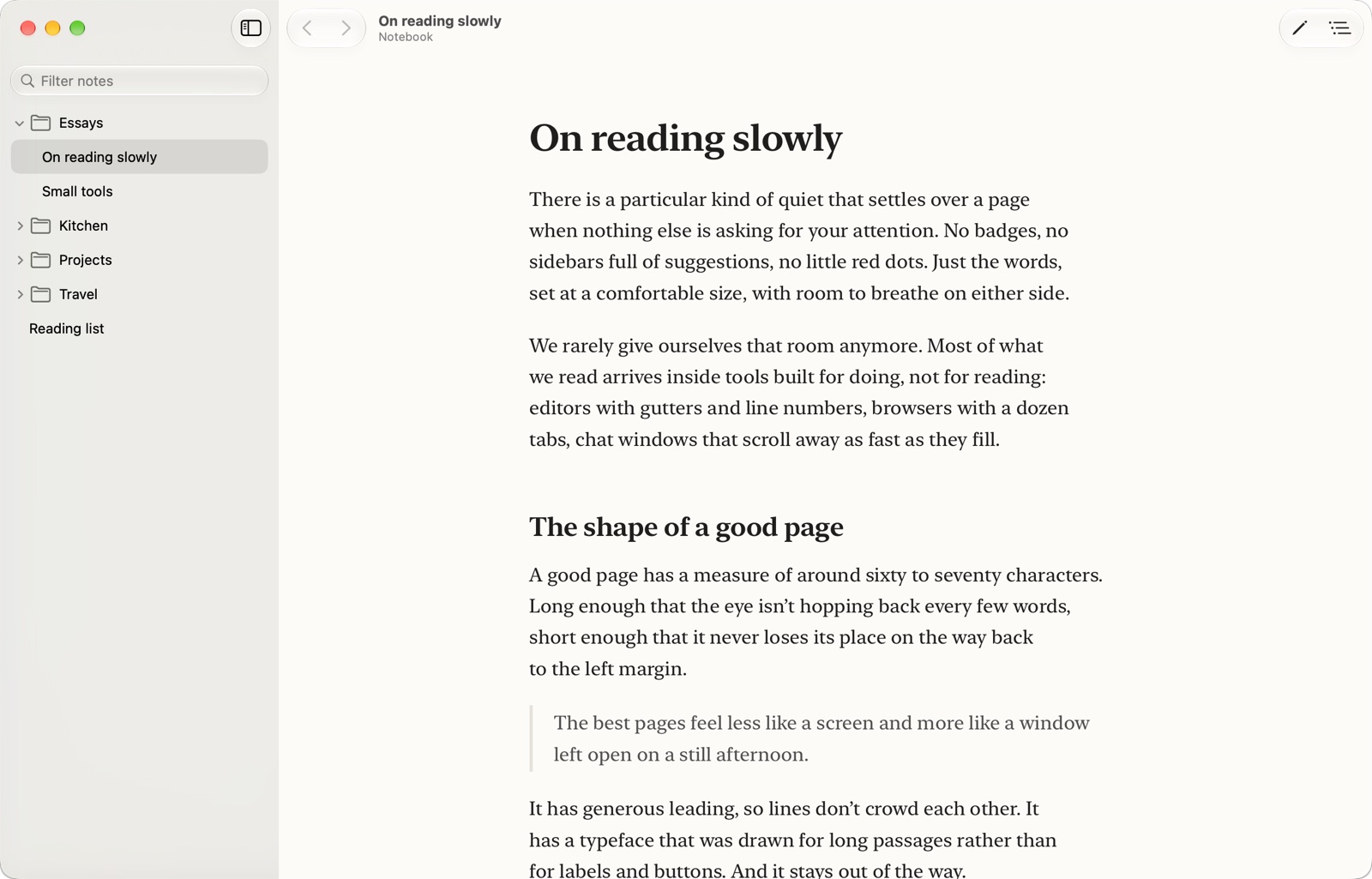 Stillread showing a folder of notes in the sidebar and a document set like a page